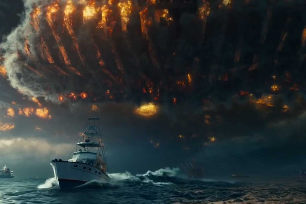 A boat flees a burning spaceship