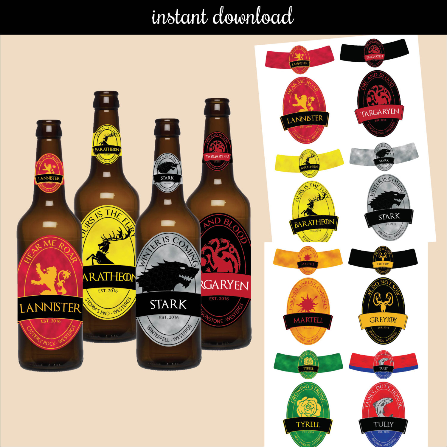 eight houses as beer labels