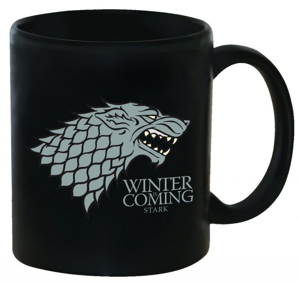 black mug with direwolf and winter is coming