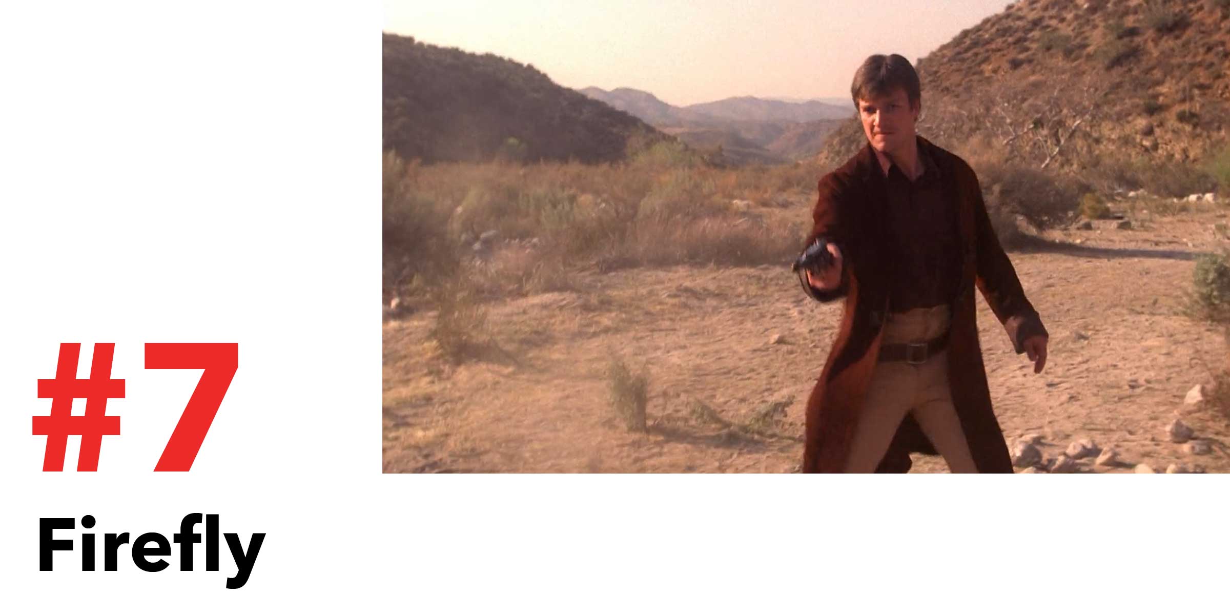 A man, Nathan Fillion, stands in a desert with a gun drawn.