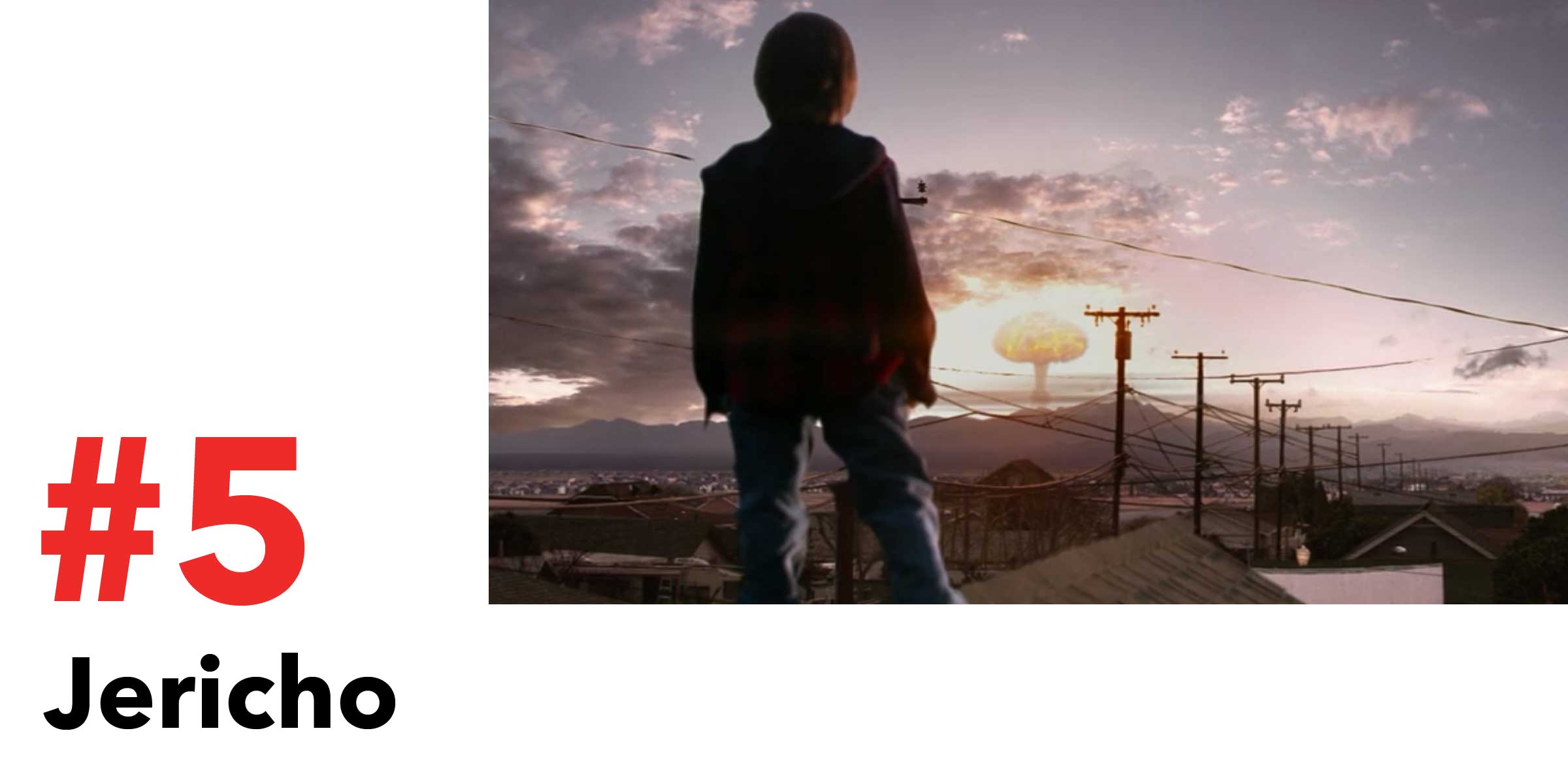 A boy stands on a roof, watching a nuclear explosion