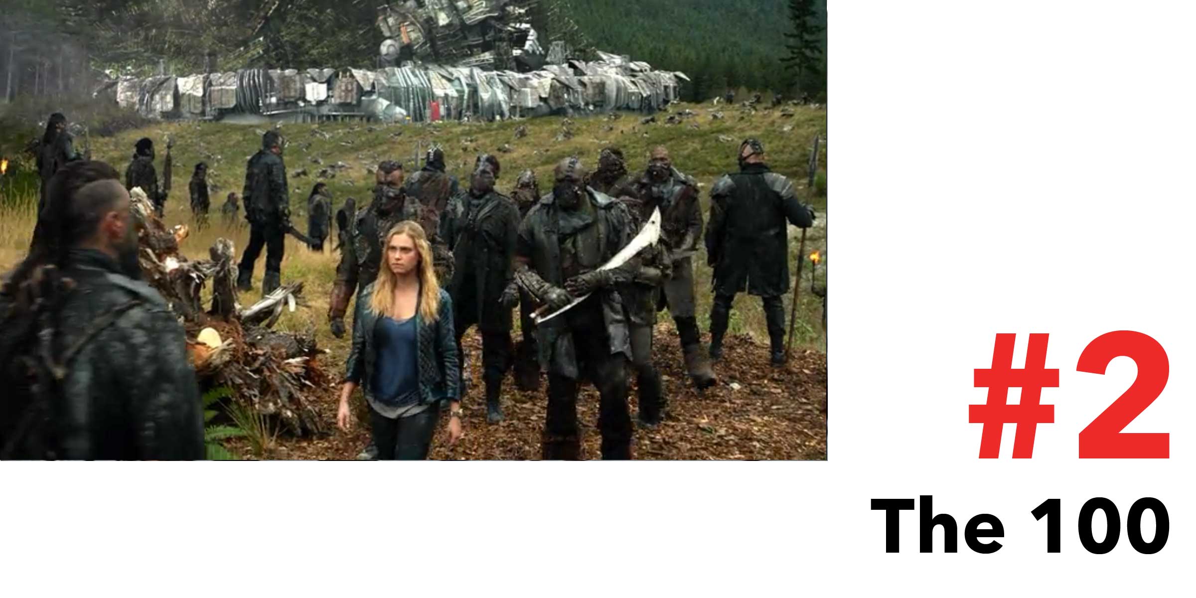 A group of people with swords approach a campsite. The 100