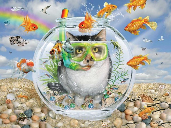 A Cat Dives Into A Fishbowl with Full Scuba Gear On