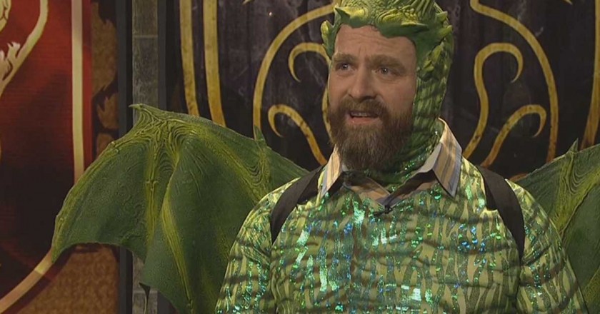 Zach Galifianakis on SNL competes over game of thrones trivia dressed as a dragon.
