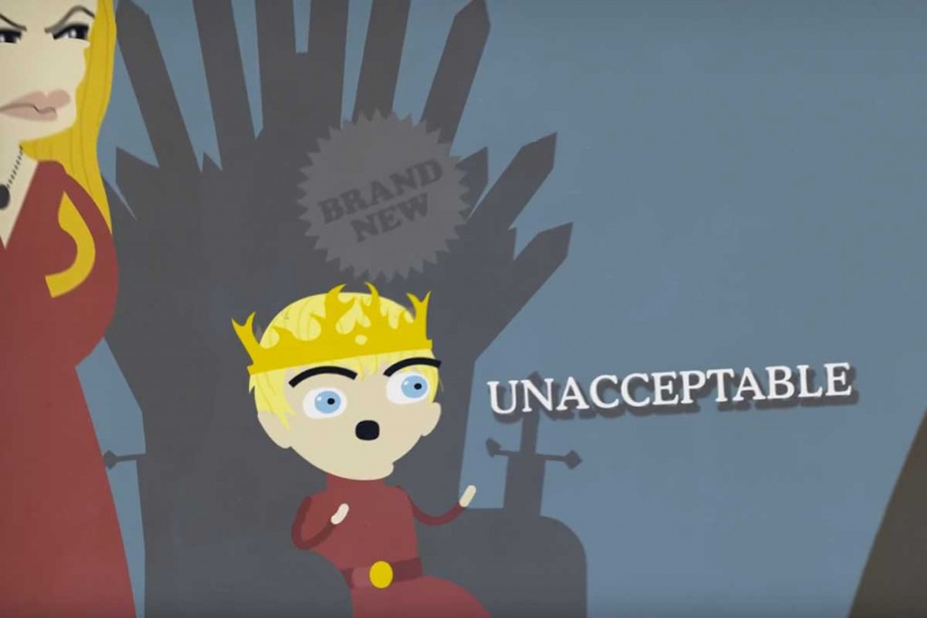 king joffrey sits the iron throne and scream unacceptable