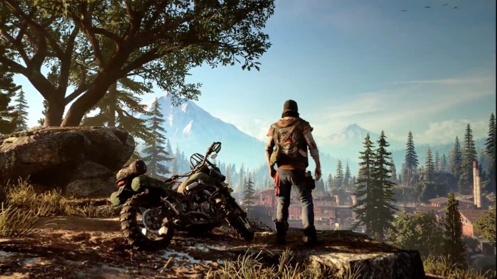 a man stands next to his motorcycle looking at a post apocalyptic landscape