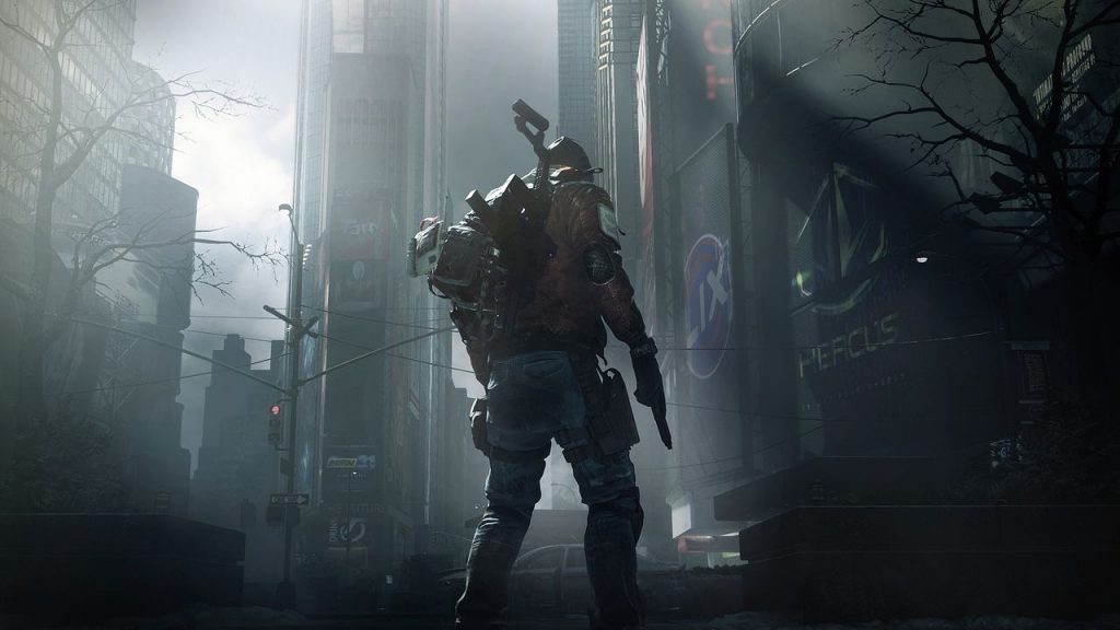 a man in survival gear stands in an urban landscape