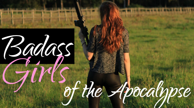 a woman with a gun stands in a field