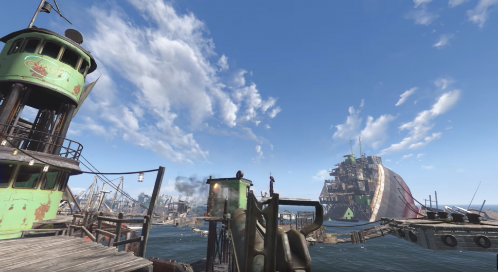a fallout 4 vr player shoots a missile at a crows nest