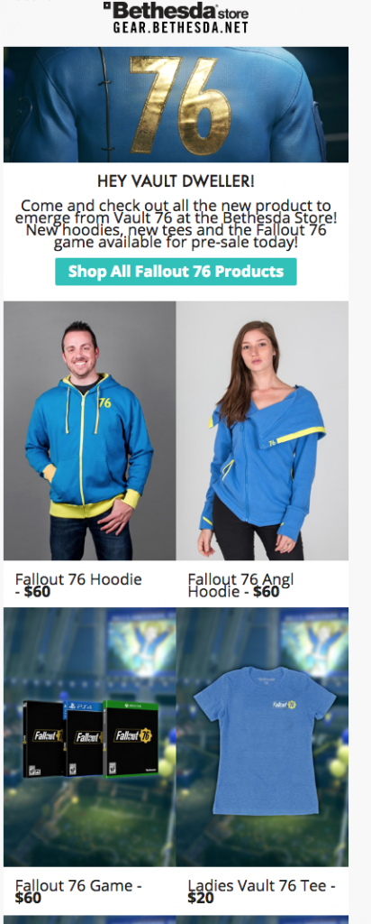 sales email from bethesda for fallout 76 shirts
