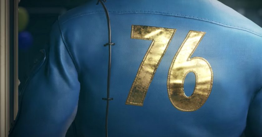 a man wearing a fallout jacket that says 76