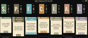 A fallout character build planner shows the perk cards