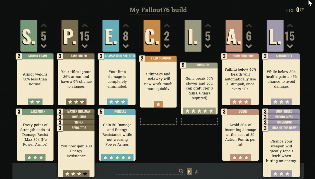 a set of cards which represent perks on fallout 76