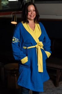 A woman in a fallout themed robe