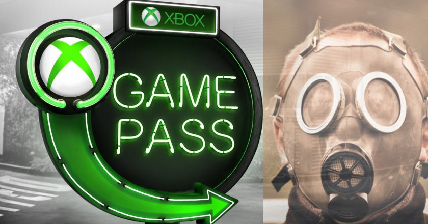 xbox amepass sign with a gask mask wearing man beside it