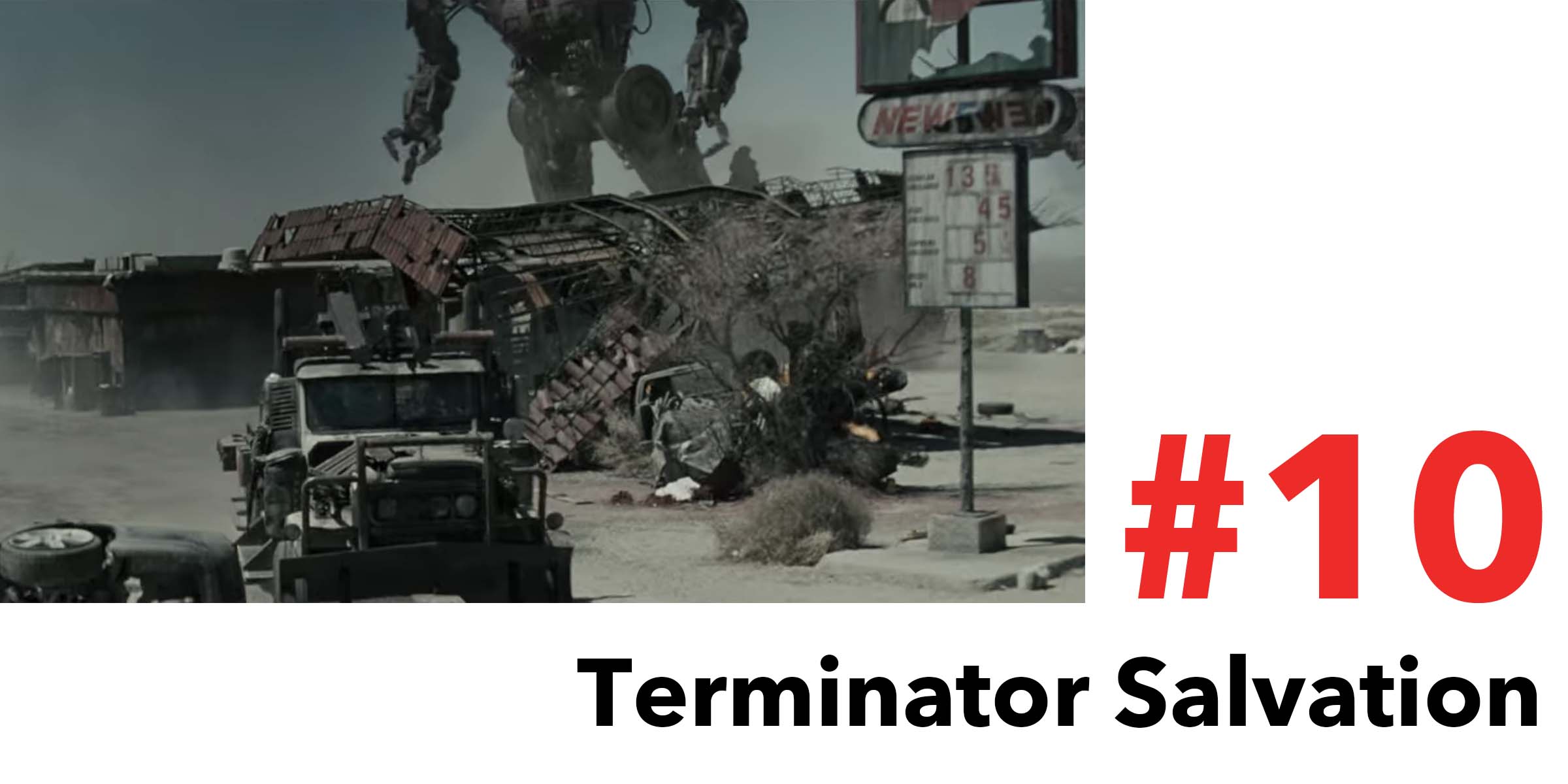 a giant robot walks in the distance in the wasteland of Terminator salvation