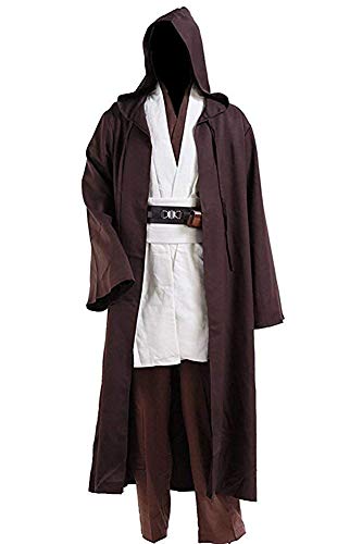 Halloween Tunic Costume Set Cosplay Outfit for Jedi Brown with White Hooded Robe (Medium, White)