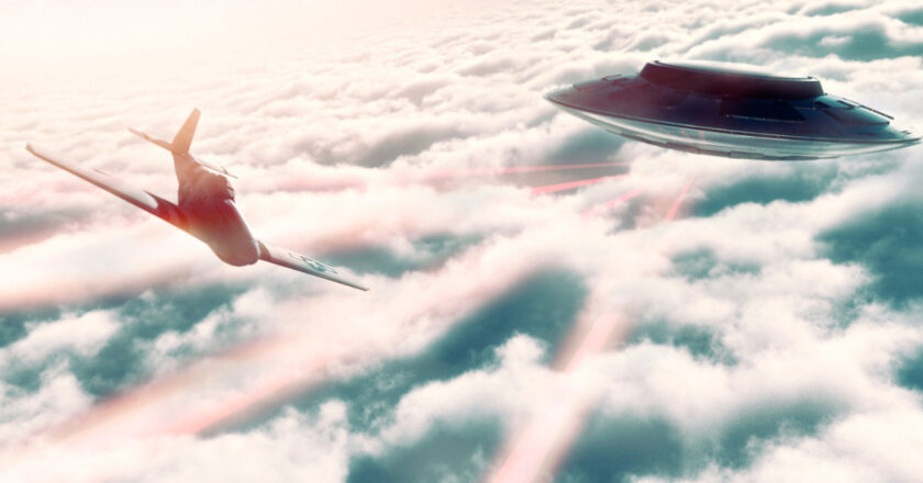 A graphic illustration of what a UFO might look like next to a plane. (Canva)