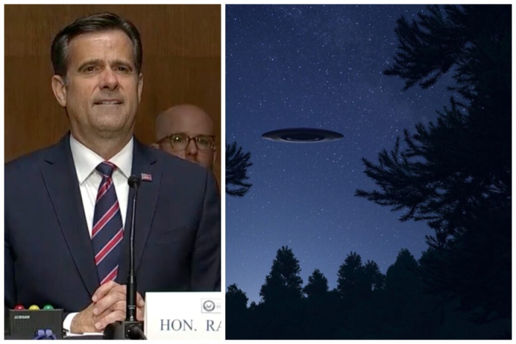 Photo from C-SPAN of Ratcliffe's confirmation hearing, alongside a depiction from Canva of what a UFO might look like.