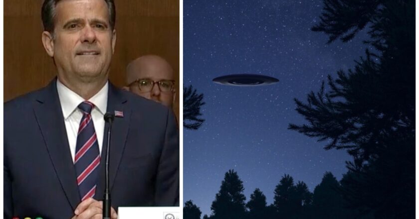 Photo from C-SPAN of Ratcliffe's confirmation hearing, alongside a depiction from Canva of what a UFO might look like.