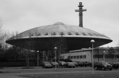 a building shaped like a spaceship