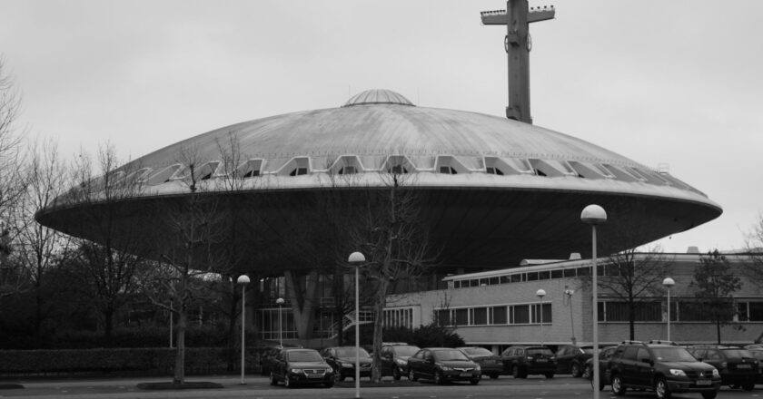 a building shaped like a spaceship