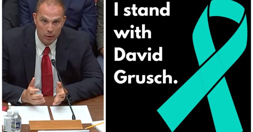 Screenshot from the House Hearing, and a screenshot from a tweet supporting Grusch.