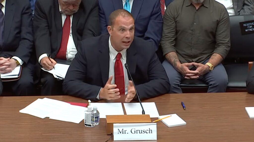 David Grusch testifying at the House hearing (C-SPAN)