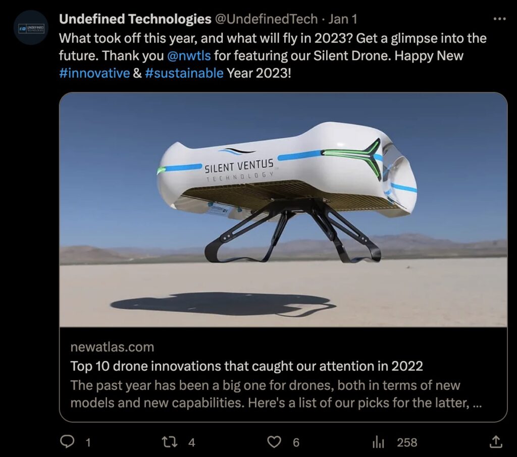 Undefined Technologies post about its drone on X