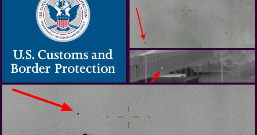 The U.S. Customs & Border Protection logo is shown next to screenshots from 3 of the 12 UAP videos released (with arrows added by PA Media.)