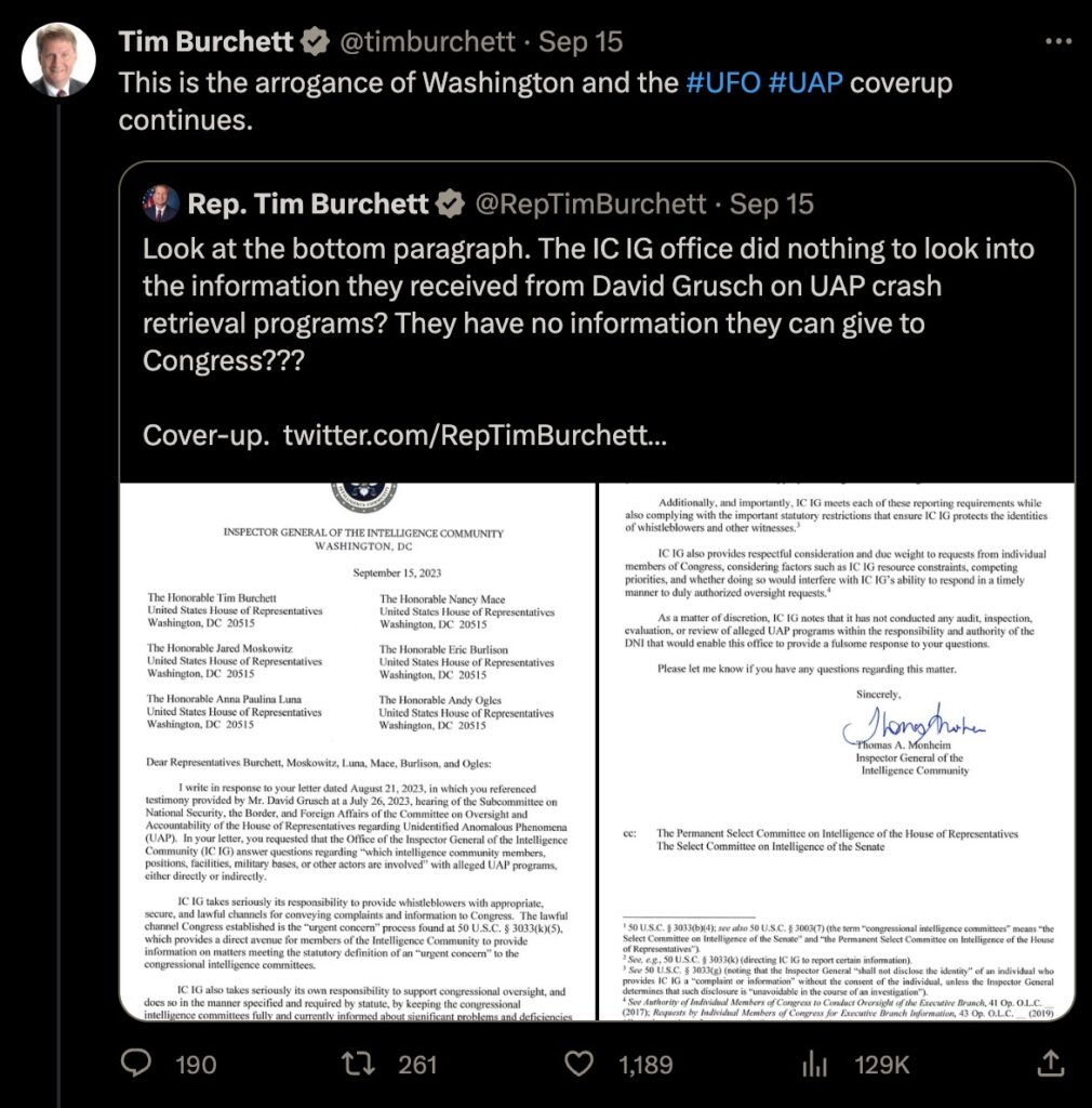 Tim Burchett's note about the ICIG letter on X