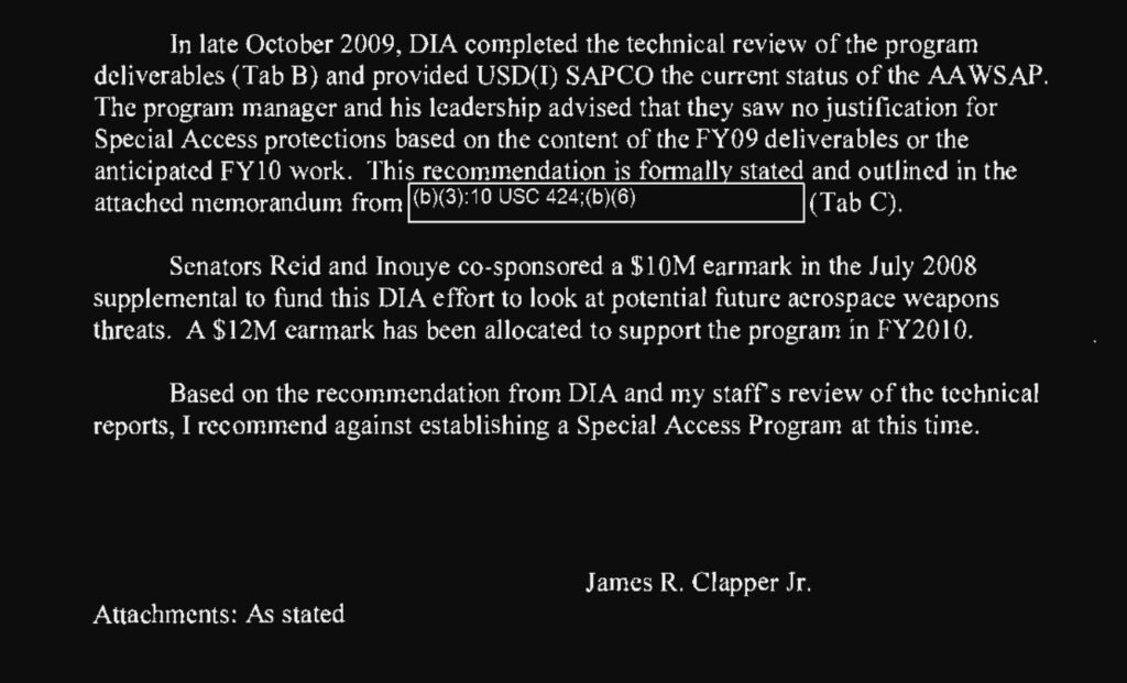 Part of Clapper's rejection letter (DIA.mil)