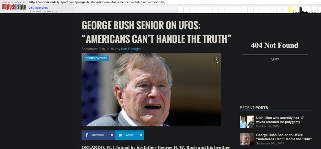 Origin of the Bush "American's can't handle the truth" story. (Screenshot via Web Archive)