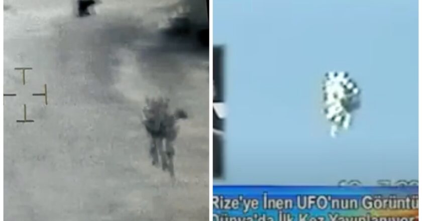 A UFO seen on Jeremy Corbell's YouTube (left) is compared to one seen in Turkey (right.)