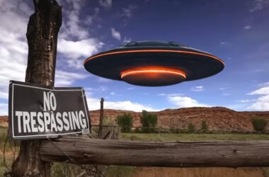 A picture of Skinwalker Ranch, with a Canva AI designed graphic of a UFO. This is not an actual UFO at Skinwalker Ranch. (History Channel/Canva AI)