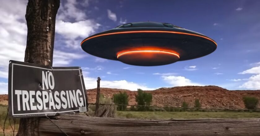 A picture of Skinwalker Ranch, with a Canva AI designed graphic of a UFO. This is not an actual UFO at Skinwalker Ranch. (History Channel/Canva AI)